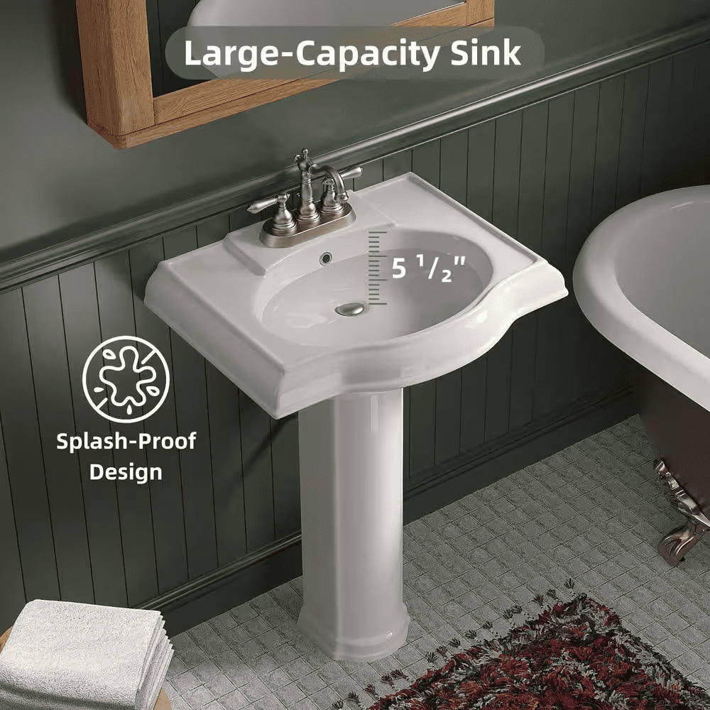 24 In. X 19 In. White Ceramic Rectangular Pedestal Bathroom Sink with Overflow and 3-Faucet Holes - Image 5