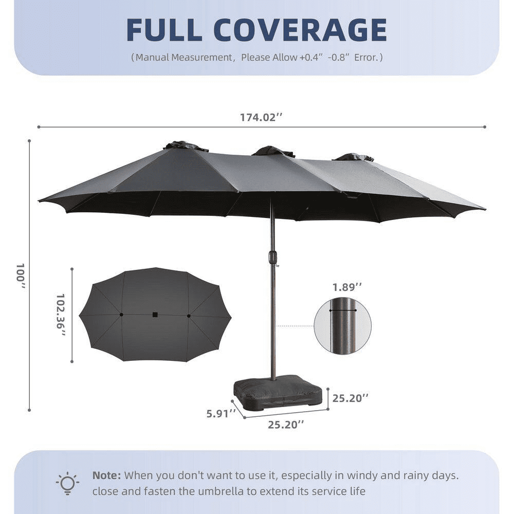Extra-Large 8.5 X 14.5 Ft. Rectangular Patio Umbrella with Solar Light, Steel Frame, Stand and Sand Bags in Dark Grey - Image 8