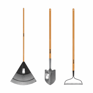 3-Piece Wood Handle Garden Essentials Tool Set (Poly Leaf Rake, Digging Shovel and Bow Rake)