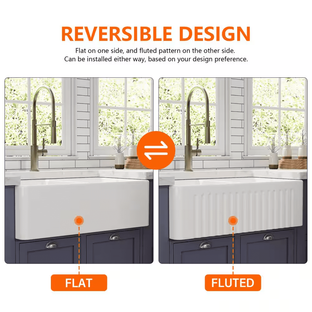 Eclipse White Ceramic 33 In. L 50/50 Rectangular Double Basin Farmhouse Apron Kitchen Sink with Grid and Strainer - Image 5