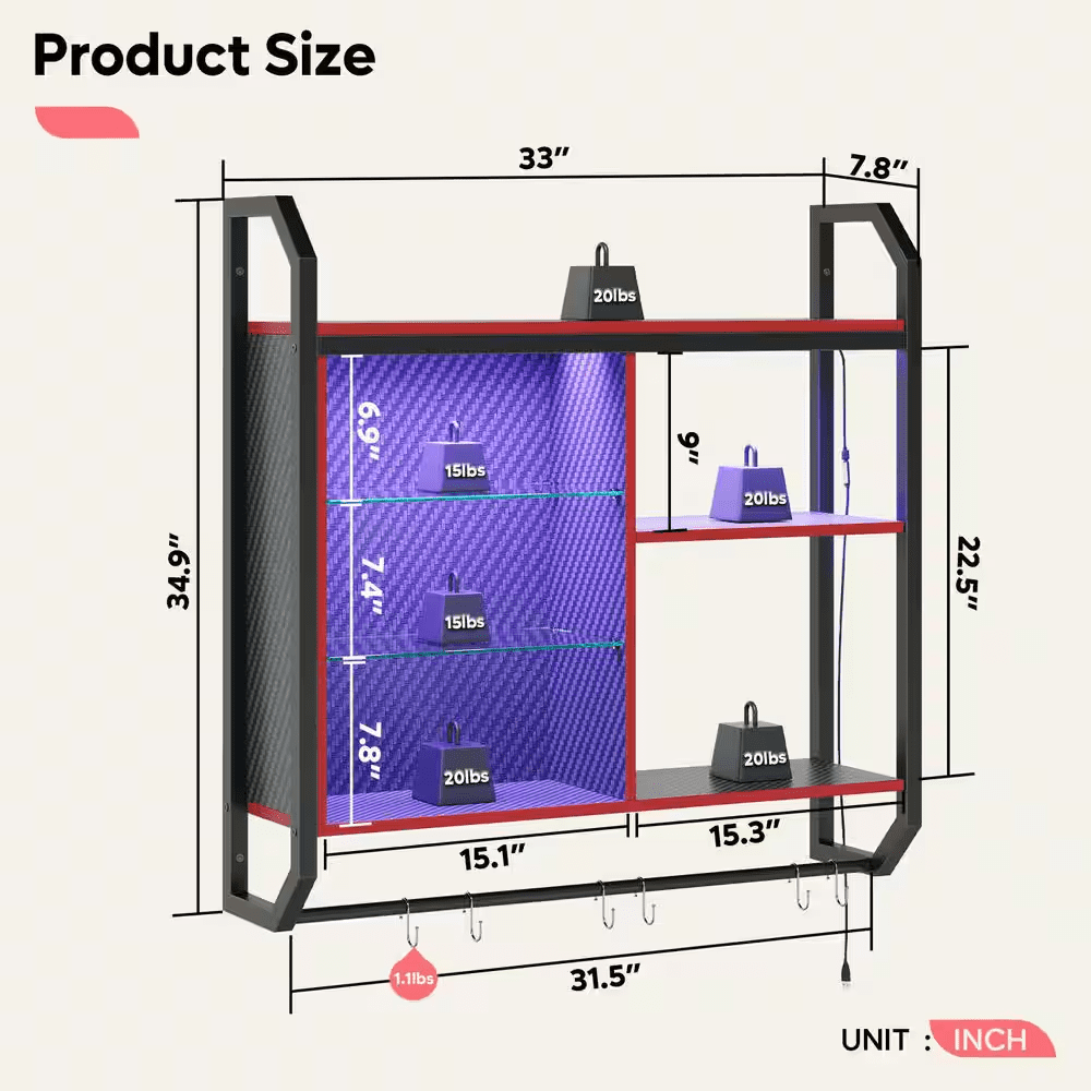 33.07 In. W X 7.8 In. D Black Carbon Fiber Composite Decorative Wall Shelf with LED Lights and Towel Rack - Image 5