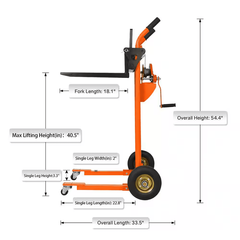 Orange Winch Stacker 330 Lbs. Hand Stacker 40.5 In. Max Lift Manual Pallet Stacker with Adjustable Forks and Fixed Legs - Image 3