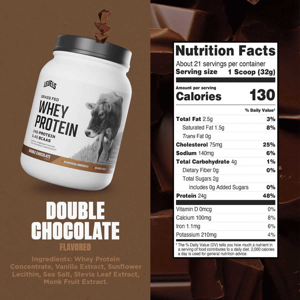 Levels Grass Fed Whey Protein Powder - Double Chocolate - 23.7Oz - Image 4