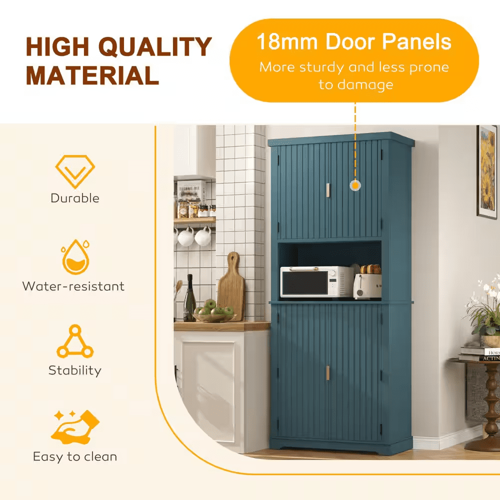 30.7 In. W Blue MDF Kitchen Buffet Pantry Storage Cabinet with Adjustable Shelf and Microwave Stand - Image 3