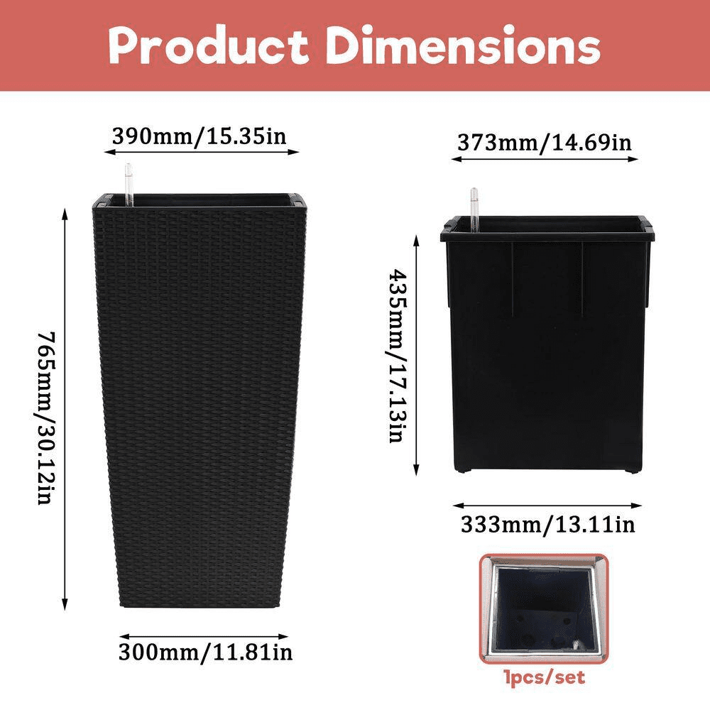 Large 30.12 In. H Black Faux Rattan Outdoor Flower Pot with Self-Watering Drainage Holes&Inner Trays, Plastic Planter - Image 7