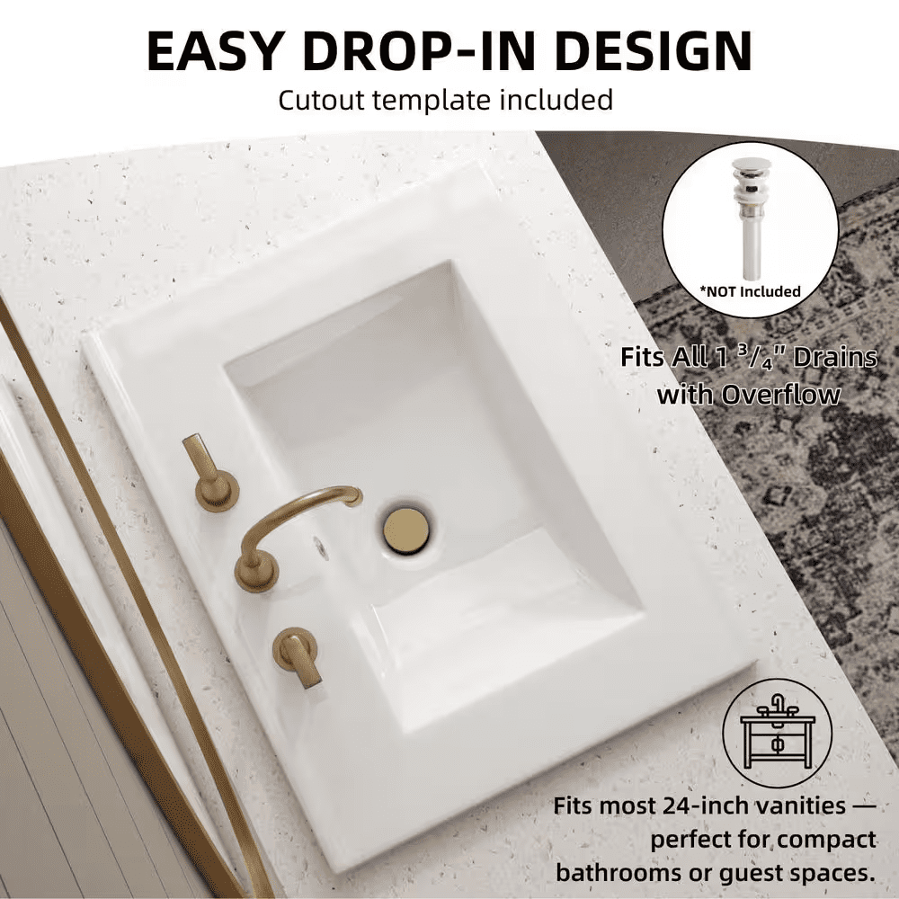 Rectangular Drop-In Bathroom Sink 24 In. X 18 In. White Ceramic Semi-Recessed Vessel Sink with Widespread Faucet Holes - Image 5