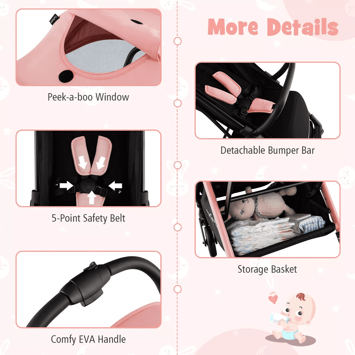 Infans Portable Baby Stroller One-Hand Fold Pushchair W/ Aluminum Frame Pink - Image 4