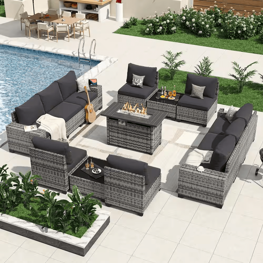 13-Pieces Gray Wicker Patio Conversation Set Wicker Patio Fire Pit Table Sectional Seating Set with Black Cushions - Image 2