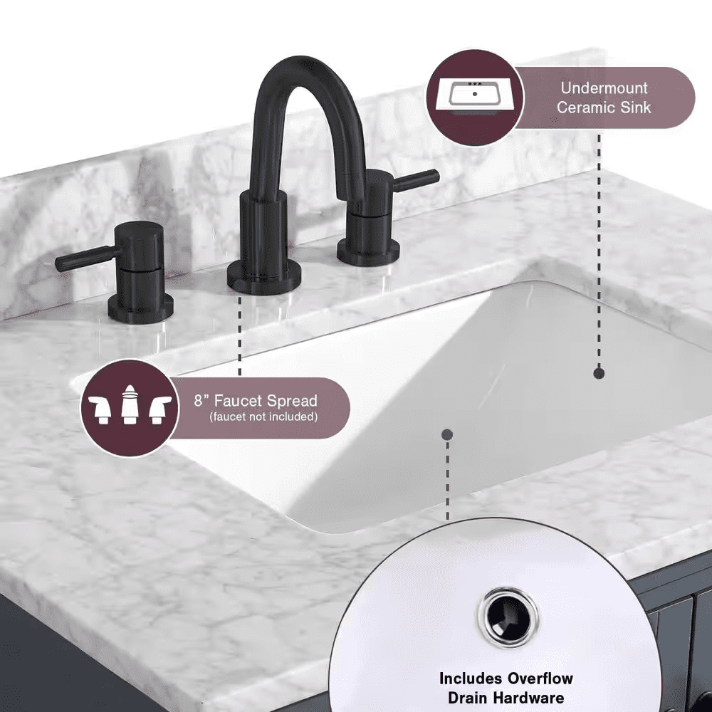 Merryfield 43 In. Single Sink Dark Blue-Grey Bath Vanity with White Carrara Marble Top (Assembled) - Image 4