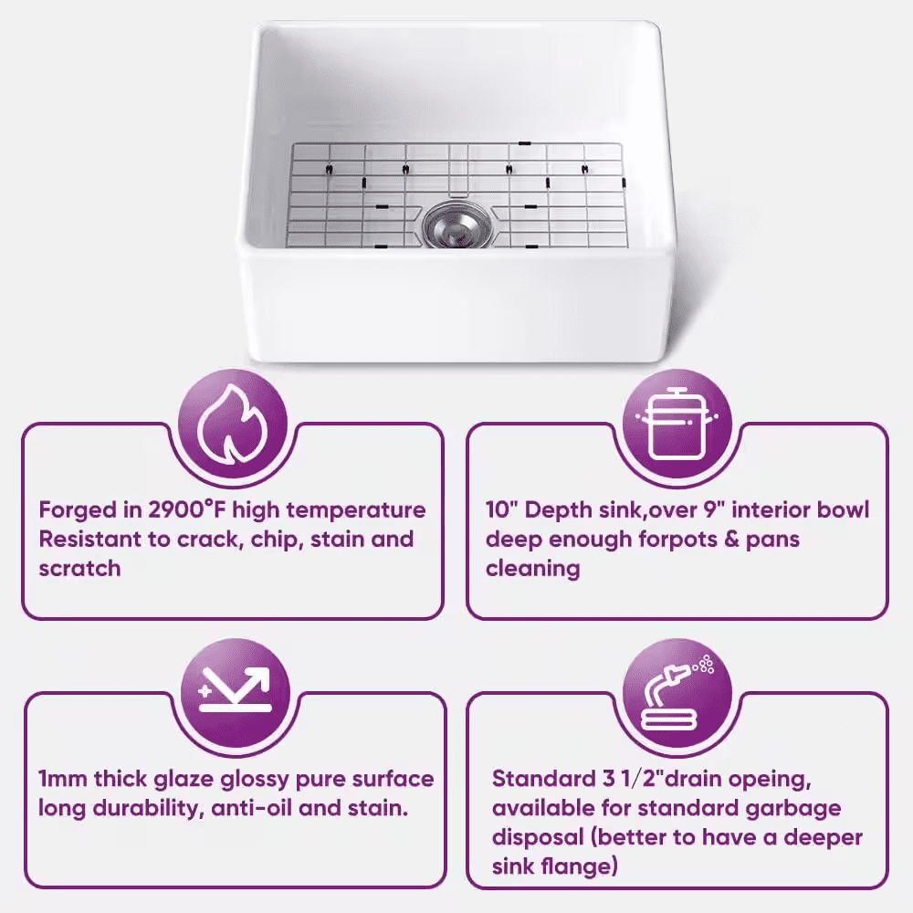 White Fireclay 24 In. L X 18 In. W Single Bowl Farmhouse Apron Kitchen Sink with Grid and Strainer - Image 4