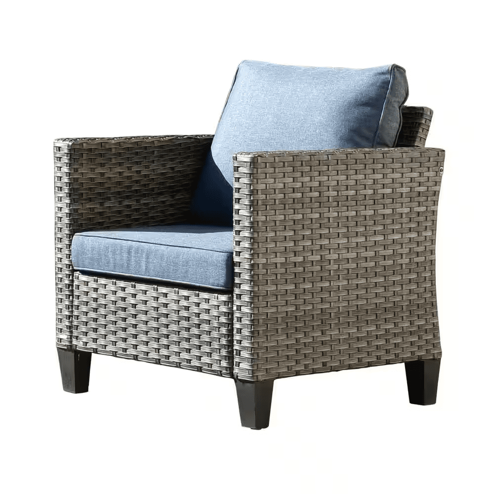 New Vultros Gray 5-Piece Wicker Outdoor Patio Conversation Seating Set with Blue Cushions - Image 3