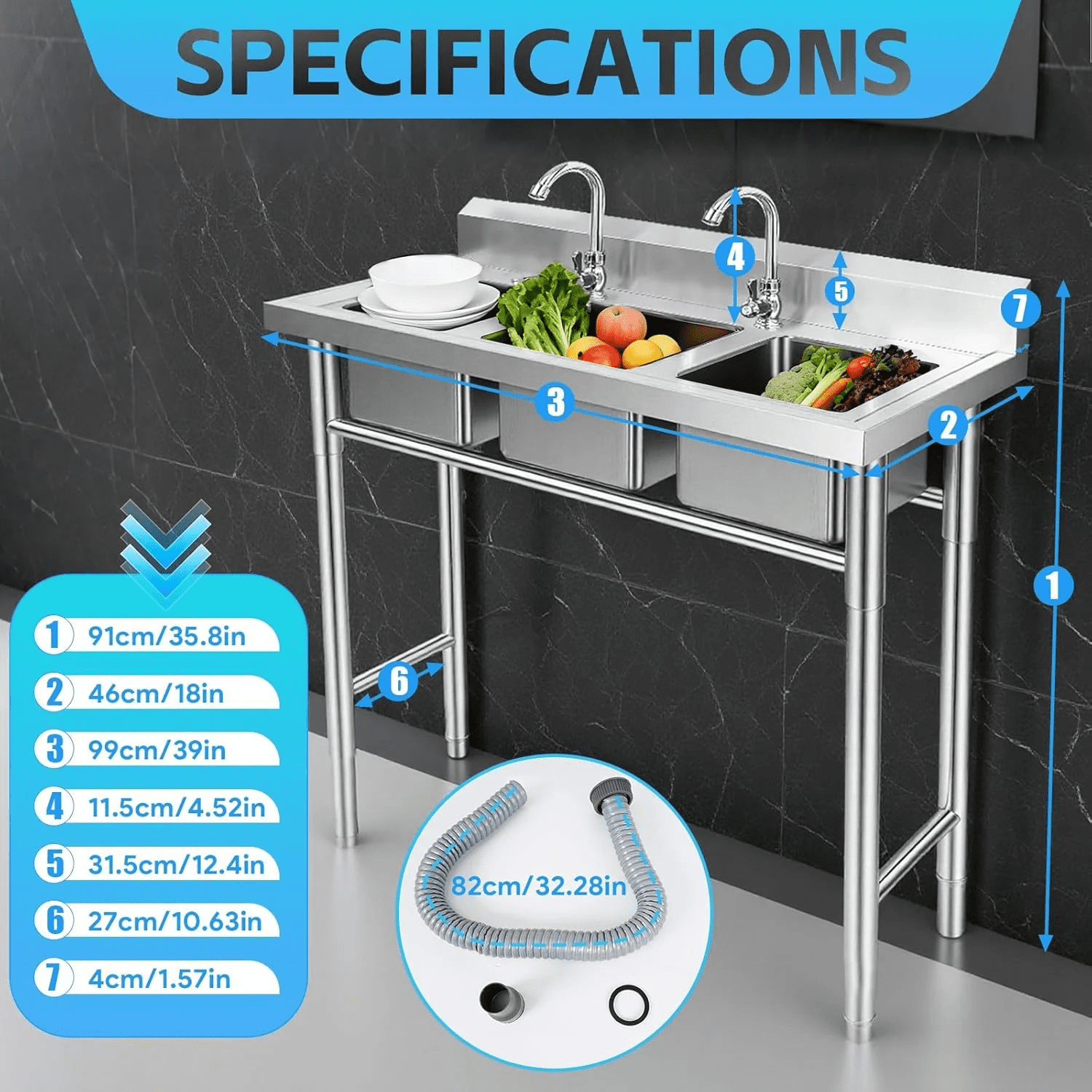3-Compartment Sink, 39'' X 18'' X 36'' Stainless Steel Utility Sink, Free Standing Three Bowl Kitchen Sink Set with 2 Faucets Hot & Cold Water Pipes for Food Truck, Bar, Restaurant - Image 2