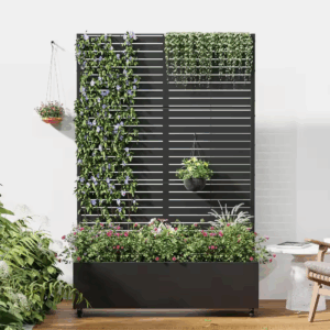 72 In. H X 47 In. W Rectanglar Black Outdoor Metal Privacy Screen Planter Box Wall Decor in Louvered Pattern