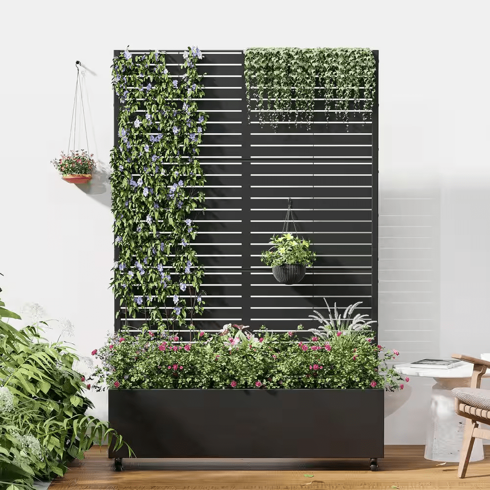 72 In. H X 47 In. W Rectanglar Black Outdoor Metal Privacy Screen Planter Box Wall Decor in Louvered Pattern