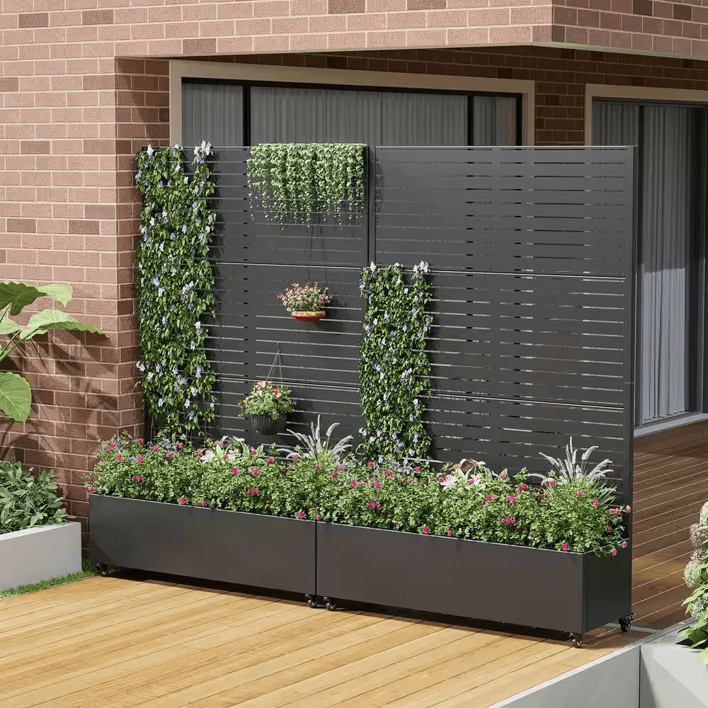 72 In. H X 47 In. W Rectanglar Black Outdoor Metal Privacy Screen Planter Box Wall Decor in Louvered Pattern - Image 3
