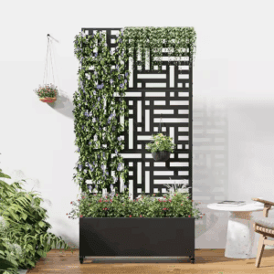 72 In. X 35 In. Black Outdoor Metal Privacy Screen Raised Planter Box Wall Decor