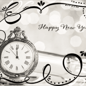 Pocket Watch with Sparkling Black and White Swirls New Year Card