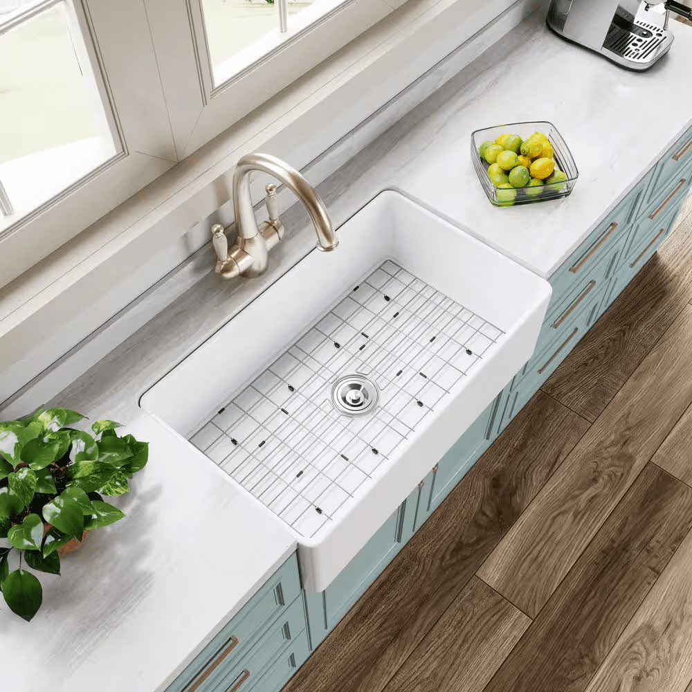White Fireclay 33 In. Single Bowl Kitchen Sink Farmhouse Apron Front with Bottom Grid and Strainer - Image 14