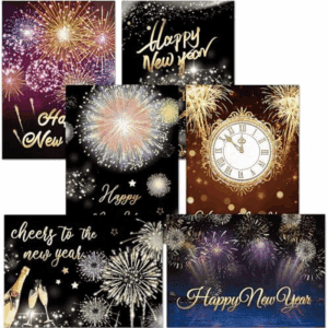 24PCS Happy New Year Cards 2025 with Envelopes Gold Foil New Year Thank You Cards Holiday Firework Cards for Business Office$$Office