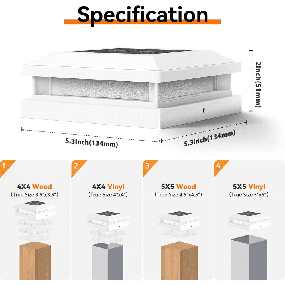 12-Pack Solar Powered Waterproof Post Cap Lights 4 X 4 4.5 X 4.5 5 X 5 Vinyl/Wooden 16 Leds Warm/Cool Lighting Outdoor - Image 7