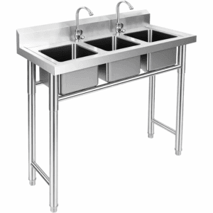 3-Compartment Sink, 39'' X 18'' X 36'' Stainless Steel Utility Sink, Free Standing Three Bowl Kitchen Sink Set with 2 Faucets Hot & Cold Water Pipes for Food Truck, Bar, Restaurant