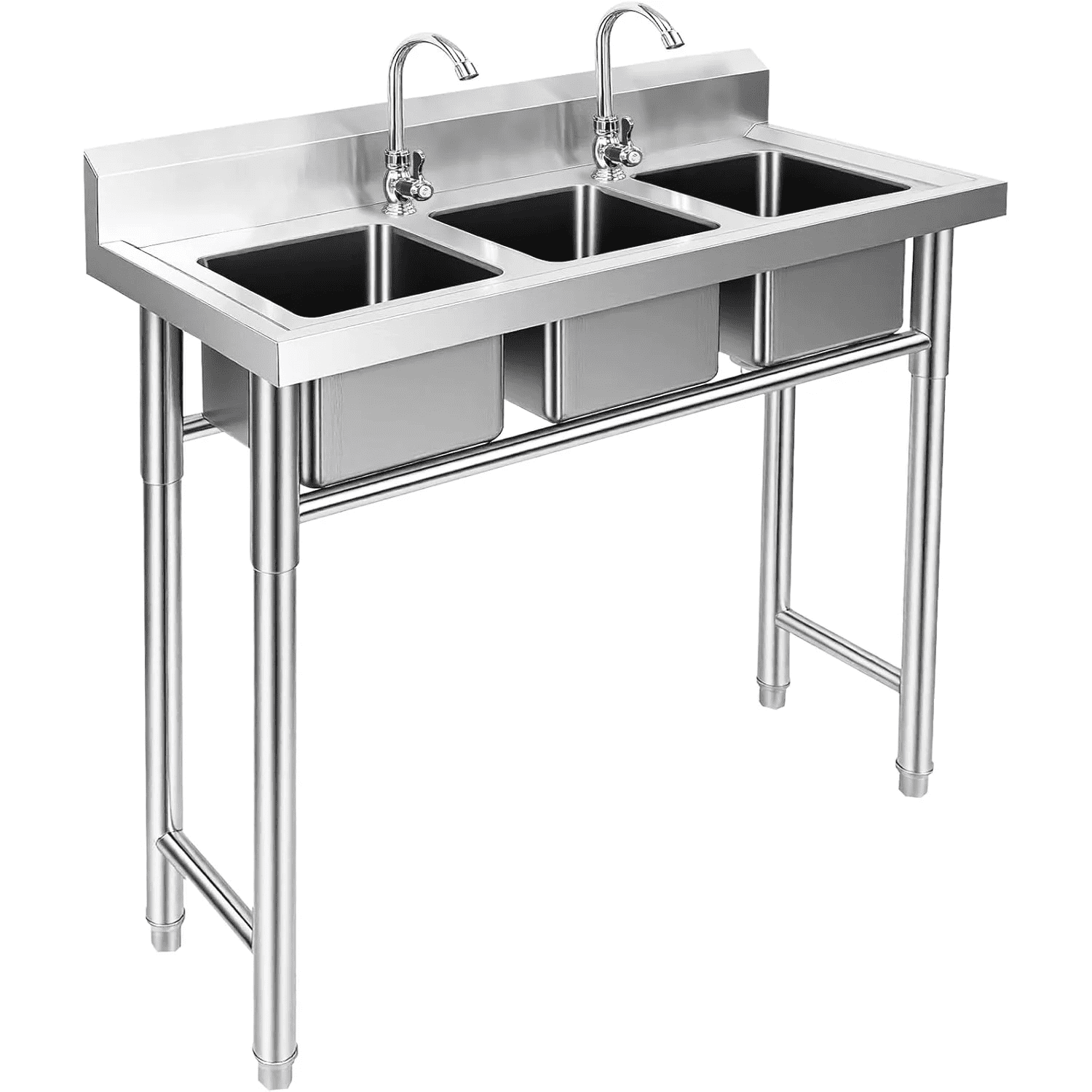 3-Compartment Sink, 39'' X 18'' X 36'' Stainless Steel Utility Sink, Free Standing Three Bowl Kitchen Sink Set with 2 Faucets Hot & Cold Water Pipes for Food Truck, Bar, Restaurant