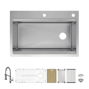 Dolancourt Tight Radius 33 In. Drop-In Single Bowl 18G Stainless Steel Workstation Kitchen Sink with Spring Neck Faucet