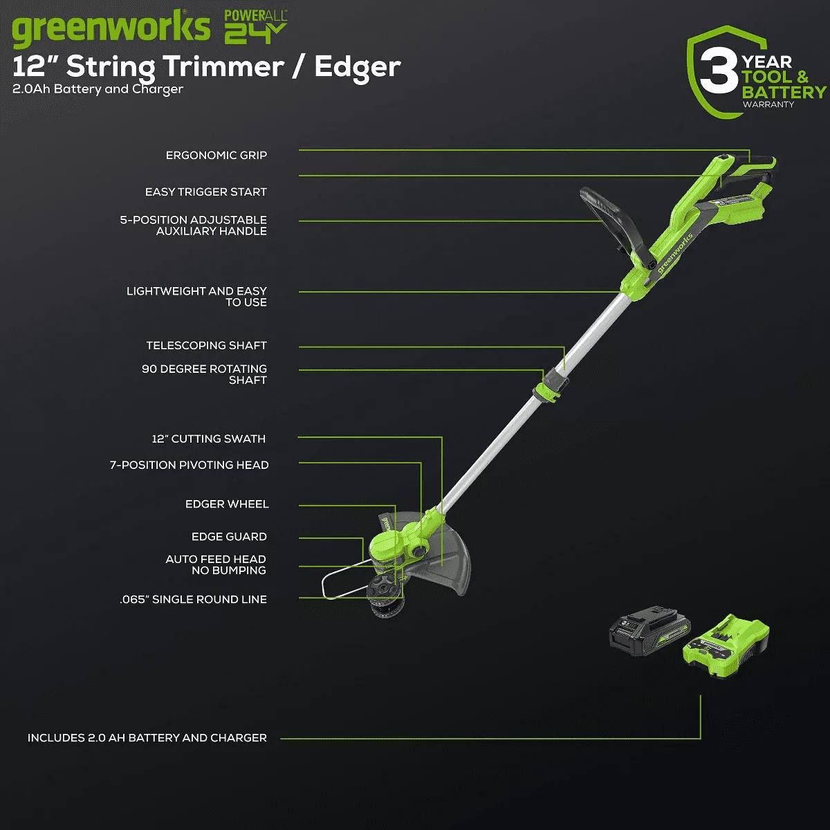 Greenworks POWERALL 12" 24V Cordless String Trimmer Edger Kit with 2.0Ah Battery & Charger - Image 8