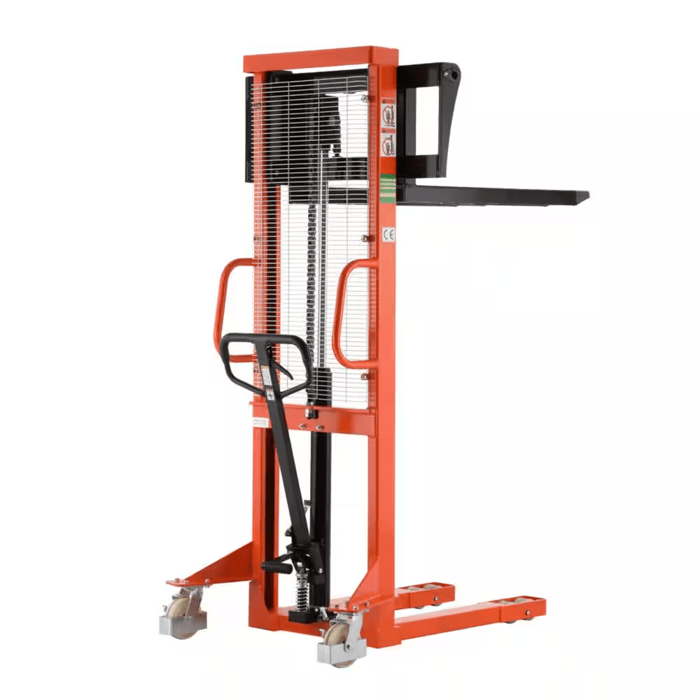 2200 Lbs. Fixed Legs Manual Pallet Stacker 63 In. Max Lifting Hand Pallet Stacker with Adjustable Forks Orange