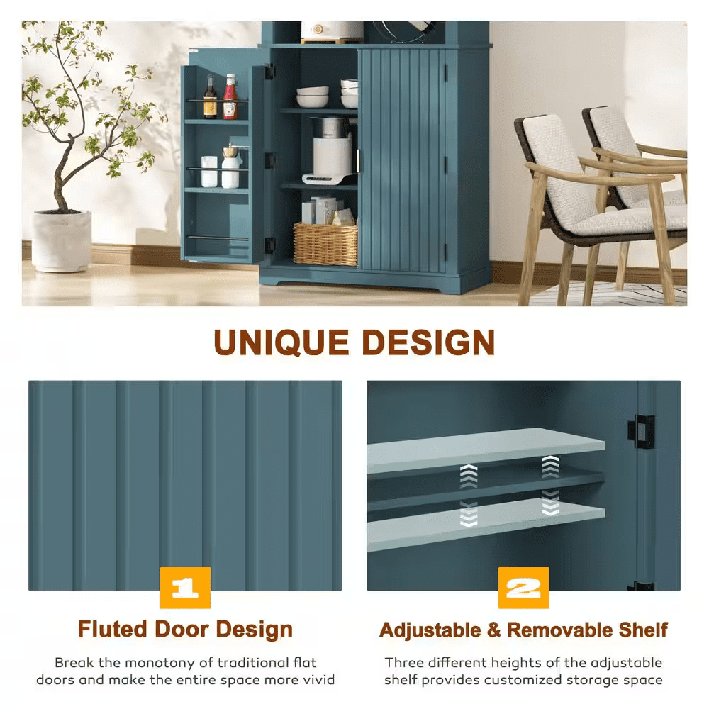 30.7 In. W Blue MDF Kitchen Buffet Pantry Storage Cabinet with Adjustable Shelf and Microwave Stand - Image 4