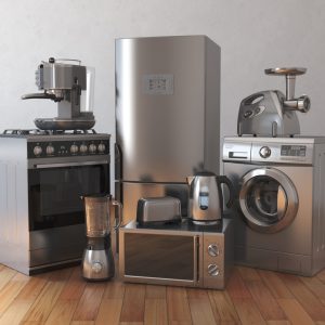 Home appliances. Household kitchen technics in the empty room. 3d illustration