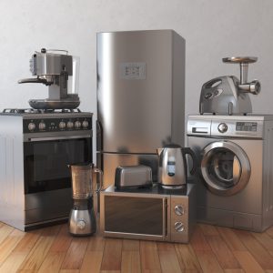 Home appliances. Household kitchen technics in the empty room. 3d illustration